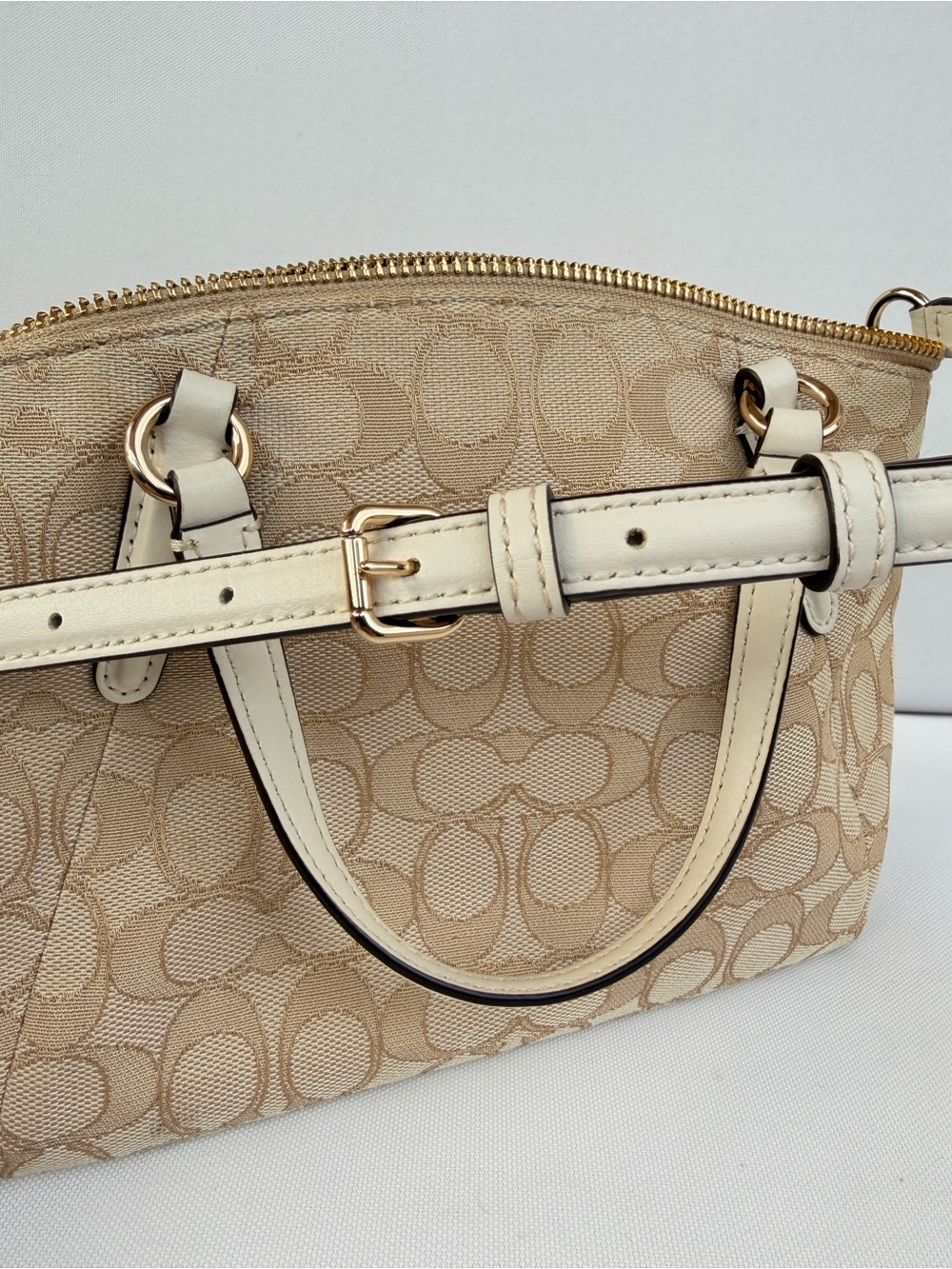 Coach Signature Canvas Mini Kelsey Satchel Beige White Leather Crossbody bag - Picture 2 of 13